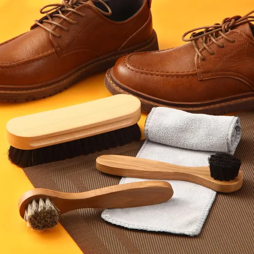 Miniatura 4 de Kit de 4 cepillos para zapatos de pelo de caballo, aplicadores de limpieza de piel, botas, cepillos de cuidado de gamuza con paño de microfibra