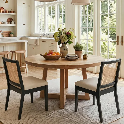 HNY Juego de 2 sillas de comedor de ratán estilo granja, marco de madera maciza negra, asiento tapizado de lino, sillas de comedor ergonómicas con