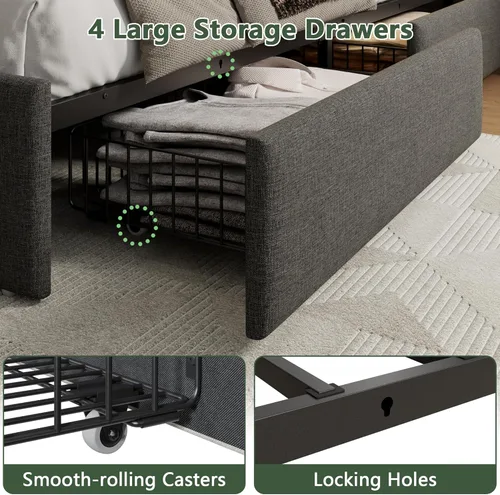 Miniatura 7 de Forestell Base de cama Queen con 4 cajones y cabecera de almacenamiento, base de cama tapizada gris tamaño Queen con estación de carga y luces LED