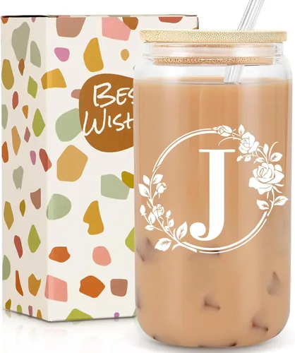 Miniatura 19 de Regalos de cumpleaños para mujeres, taza de vidrio personalizada con monograma de iniciales para mujeres, tazas de vidrio de 16oz con tapas