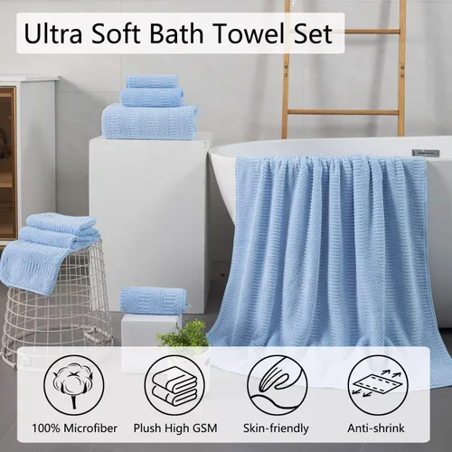 Miniatura 2 de Juego de 8 toallas de baño extra grandes azules - 2 toallas de baño extra grandes, 2 toallas de mano, 4 toallas faciales - 600GSM suaves, altamente