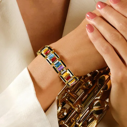 Miniatura 5 de Ross-Simons 22.50 ct. t.w. Multi-Gemstone Art Deco-Inspired Bracelet With Black Enamel in 18kt Gold Over Sterling