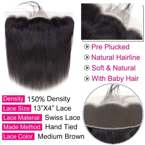 Miniatura 3 de 13x4 de oreja a oreja cierre frontal de encaje transparente HD cabello humano con nudos de cabello de bebé, 100% virgen Remy, cierre frontal
