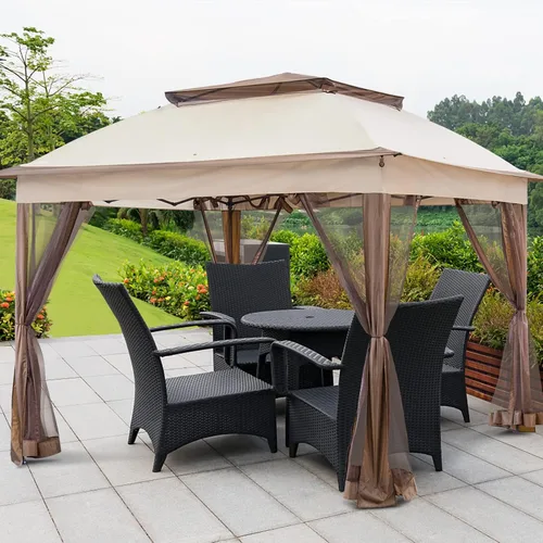 Miniatura 9 de Joyside Cenador desplegable de 11 x 11 pies para patio con paredes laterales y mosquitera, tienda de campaña para exteriores para bodas (beige)