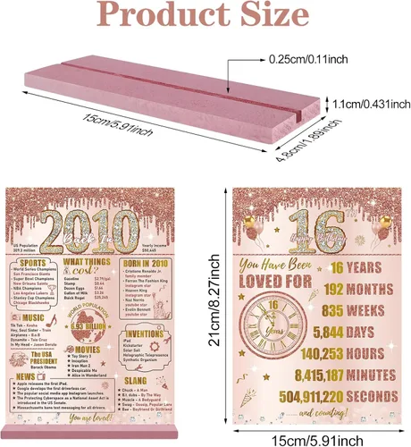 Miniatura 3 de Bumqviy Decoración de cumpleaños número 16 para niñas, cartel de madera de dos caras de oro rosa con soporte, regalo de cumpleaños de 16 años de edad