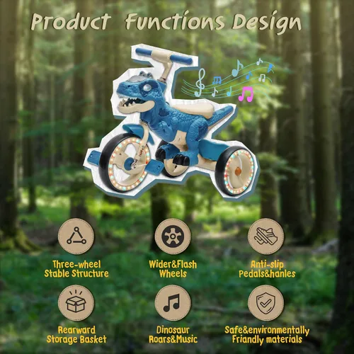 Miniatura 3 de Triciclo de dinosaurio para niños, triciclo para niños pequeños, rueda grande con ruedas anchas de EVA flash, pedales antideslizantes, cesta de Azul