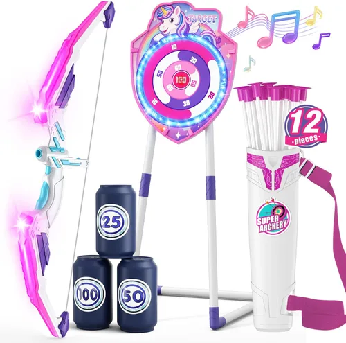 Miniatura 14 de HYES Arco y flecha para niños, juego de tiro con arco con luz LED con 12 flechas de ventosa, 1 objetivo para colgar, 3 objetivos de puntuación y 1