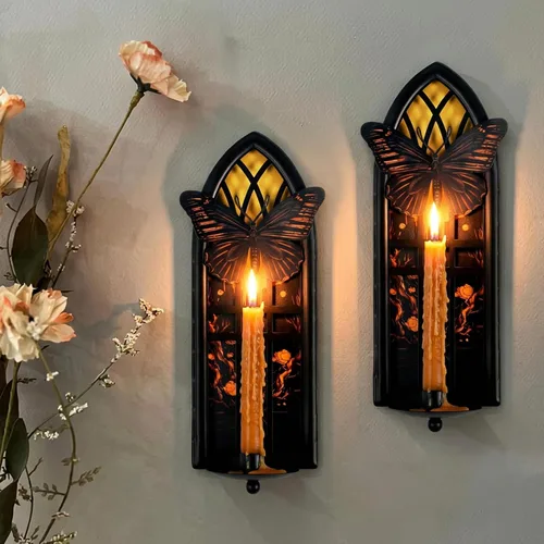 Miniatura 2 de Juego de 2 candelabros góticos de pared, de hierro con mariposa y luna, con bandejas extraíbles para velas cónicas y pilares, jardín romántico