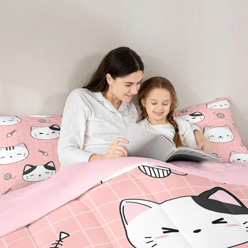 Miniatura 19 de Erosebridal Juego de ropa de cama para niños, tamaño individual, diseño de gatos de dibujos animados, para niñas, niños y adolescentes, edredón