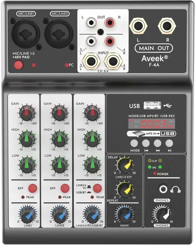 Miniatura 2 de Mezclador de audio profesional Aveek, consola de mezcla de placa de sonido con 4 canales digitales USB Bluetooth, efecto de eco y retardo, entrada