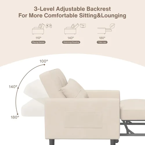 Miniatura 5 de Aiho - Silla de dormir convertible, sofá cama 3 en 1 con diseño ajustable, almohada y bolsillo - Cama plegable para apartamento (Beige)