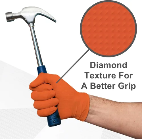 Miniatura 4 de WECARE Guantes de nitrilo de 8 mil, guantes de mecánico resistentes, con agarre de diamante, guantes desechables sin polvo ni látex Naranja