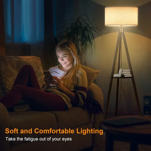 Miniatura 4 de LEPOWER Lámpara de pie con trípode, lámpara de pie de madera de mediados de siglo, lámpara de pie con diseño moderno y estante para sala de estar