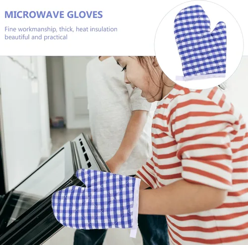 Miniatura 4 de 2 guantes de horno para cocina de juego, guantes de horno de microondas, guantes de cocina para hornear, a cuadros rojos para una parte trasera Azul