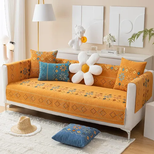 Miniatura 3 de Funda de sofá de chenilla para sofá modular, diseño geométrico bohemio y jacquard antideslizante, protector de muebles para niños, perros y Naranja