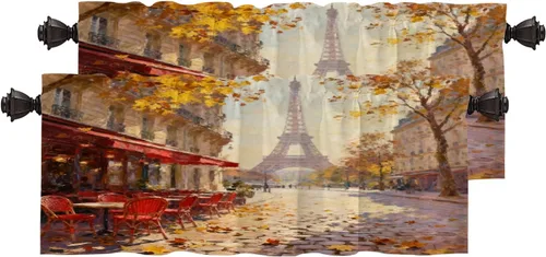 Miniatura 98 de Cortinas opacas de cocina con pintura al óleo de Europa rosa y negra para ventanas, cenefas opacas modernas de torre Eiffel de poliéster multicapa