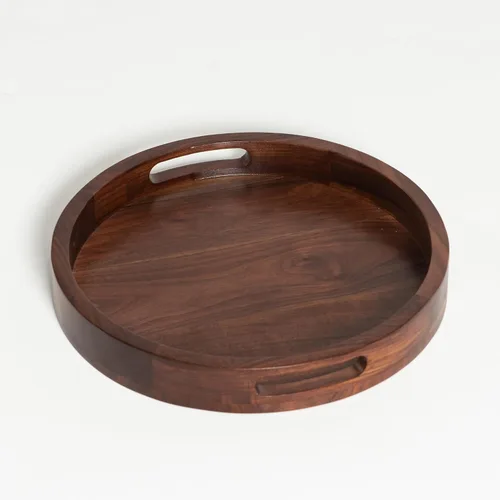 Miniatura 3 de Bandeja redonda de mesa otomana de 13 x 13 pulgadas, bandeja circular de madera maciza de nogal negro con asa para otomana de gran