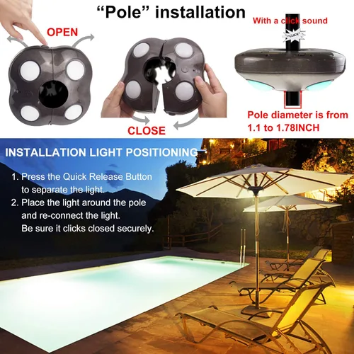Miniatura 5 de Luz de sombrilla funciona con pilas, 16 luces RGB que cambian de color para sombrilla de patio con control remoto, luces exteriores debajo