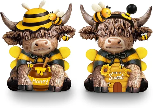 Miniatura 30 de Karenhi 2 piezas de figuritas de vaca de las Tierras Altas para el Día de la Madre, figuritas de gnomo de vaca con flores y corazón de MADRE