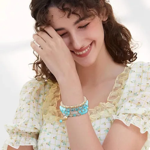 Miniatura 7 de Juego de aretes de joyería para mujer, pulseras apilables con cuentas para mujer, pulseras elásticas multicapa, joyería multicolor