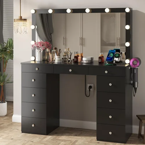 Miniatura 6 de Likein Escritorio de tocador con espejo y luces, tocador negro con armario de almacenamiento de joyas, tocador de maquillaje para dormitorio con 11