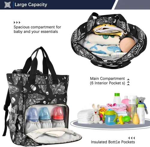 Miniatura 5 de MNSRUU Bolsa de pañales Cráneo Bolsa de pañales Mochila Bolsa de pañales de viaje para bebé Bolsas cambiantes de bebé grande, Calavera 96, Mochilas