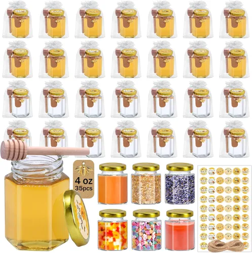 Miniatura 10 de Aliggbent Paquete de 48 mini tarros de miel para fiestas a granel, tarros de miel pequeños hexagonales de vidrio de 1.5 onzas con varitas de miel