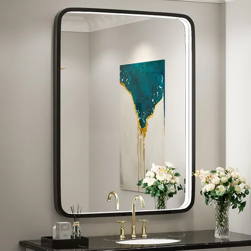 Miniatura 27 de Espejo de baño LED de 20 x 28 pulgadas con luces, marco de metal negro, espejo de tocador iluminado para pared, espejo LED regulable de 3000 K/4500