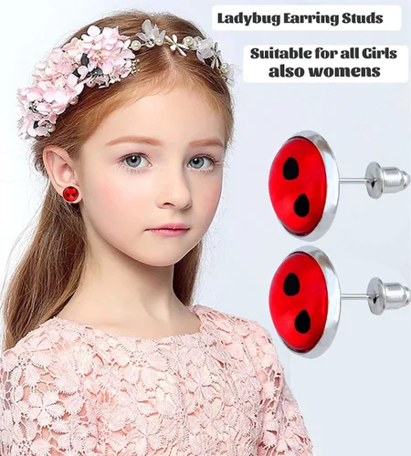 Miniatura 4 de Pendientes de mariquita roja para niña, aretes de insectos plateados con puntos negros para Halloween, Navidad, cumpleaños, cosplay, regalos