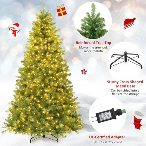 Miniatura 4 de GOFLAME Árbol de Navidad preiluminado de 7 pies, árbol de Navidad artificial con 700 luces LED y 1188 puntas de rama, árbol de Navidad con bisagras