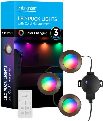 Enbrighten Spectrum LED Pucks, 3 discos, multicolor o blanco, regulable, luces debajo del mostrador, luces debajo del gabinete, luces de disco,