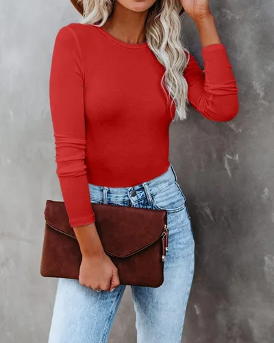 Miniatura 7 de VICHYIE Ropa de otoño para mujer, cuello redondo, acanalada, manga larga, ajustada, camiseta básica casual