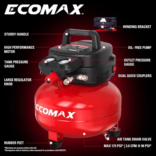 Miniatura 2 de ECOMAX Compresor de aire 6 galones 175 PSI de tanque panqueque portátil libre de aceite con kit de accesorios de 10 piezas
