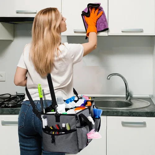 Miniatura 6 de Carrito de limpieza profesional XL para proveedores de limpieza, bolsa de limpieza portátil de 17 pulgadas para amas de casa, organizador de Gris