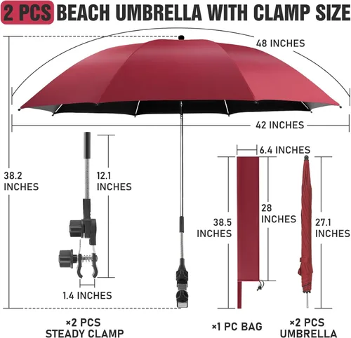 Miniatura 4 de Paquete de 2 paraguas de playa con abrazadera, paraguas ajustable de 360° para silla, paraguas UPF50+ para silla de playa, silla de patio, silla
