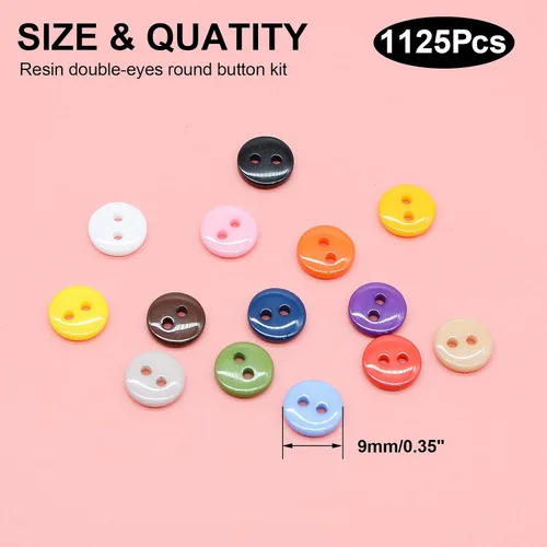 Miniatura 2 de Botones redondos de 2 agujeros para manualidades, 1125 botones de costura de 0.35 pulgadas (0.354 in), botones de resina de 15 colores, para coser