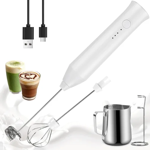 Miniatura 8 de Espumador de leche recargable de mano, batidor eléctrico para café, desmontable con 2 batidores de acero inoxidable, batidora de mano para lattes