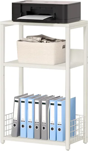 Miniatura 11 de LELELINKY Mesa auxiliar, mesita de noche de mármol blanco con marco de metal dorado, soporte de madera industrial de 3 niveles con estante