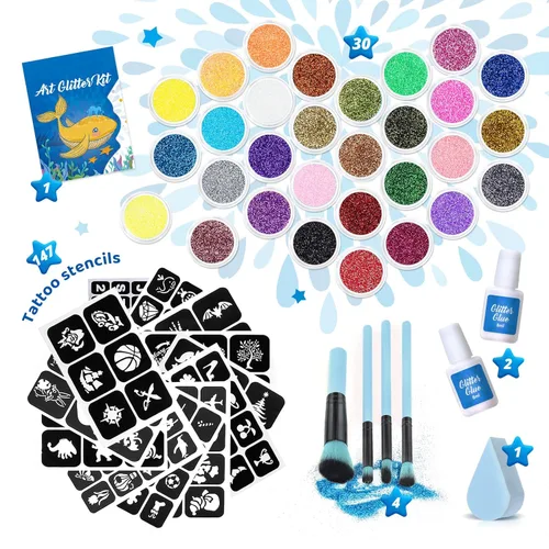 Miniatura 2 de Kit de tatuaje temporal con purpurina para niños, kit de tatuajes profesionales brillantes de 30 colores, 147 plantillas, purpurina facial