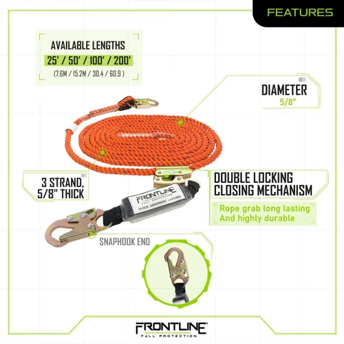 Miniatura 3 de Frontline VLP25R3L Premium - Línea de vida vertical con agarre de cuerda que se abre de 25 pies y paquete de choque, cuerda de alta resistencia