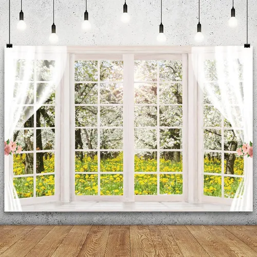 Miniatura 11 de YongFoto Telón de fondo de ventana de primavera de 5 x 3 pies, girasol amarillo, valla de madera rústica, campo, jardín, naturaleza, paisaje, niña