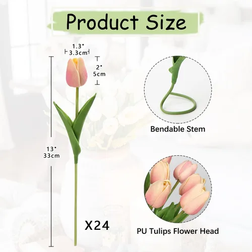 Miniatura 2 de 24 tulipanes rosas – Flores artificiales – Tulipanes artificiales de 13.5 pulgadas para el día de la madre, jarrón, centros de mesa, hogar, ramo