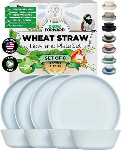 Miniatura 8 de Grow Forward Juego de platos y cuencos de paja de trigo de alta calidad, 8 piezas, platos de paja de trigo irrompibles y reutilizables, aptos