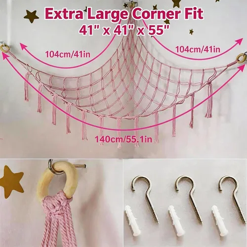 Miniatura 3 de Hamaca de almacenamiento de animales de peluche colgante rosa, organizador de red grande para cosas de animales, lindos muebles, organización