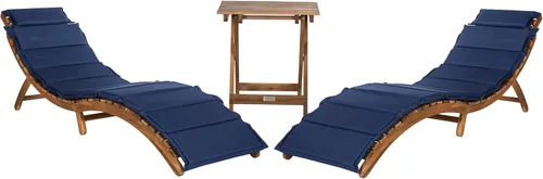 SAFAVIEH Outdoor Collection Pacifica PAT7020C - Juego de tumbona de 3 piezas con cojín de madera maciza y azul marino Natural/Azul marino
