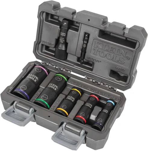 Klein Tools 66070 Juego de dados de impacto, cinco dados de impacto giratorios con adaptadores de socket hexagonal de 1/4 pulgadas y adaptadores de