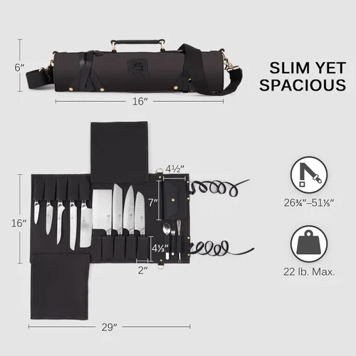 Miniatura 6 de KYOKU Bolsa enrollable para cuchillos de chef, cuchillo de cocina y soporte para utensilios con 10 ranuras, 3 soportes para cubiertos para juego