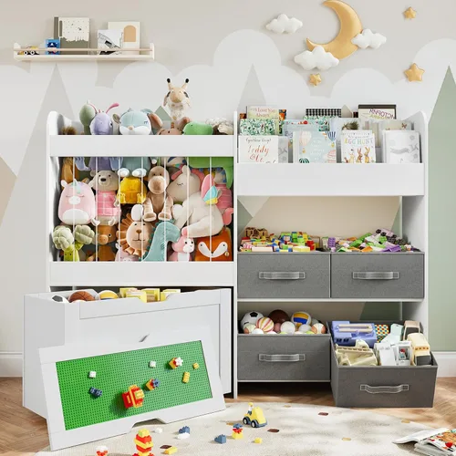 Organizador grande de almacenamiento de juguetes de 51.1 pulgadas de ancho con almacenamiento de animales de peluche, estantería para niños con 4
