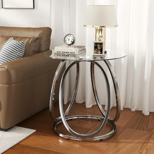Miniatura 3 de O&K FURNITURE Mesa auxiliar plateada para sala de estar, mesa auxiliar de vidrio para dormitorio, moderna mesita de noche redonda de vidrio