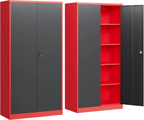Miniatura 9 de Yizosh Armario de almacenamiento de metal para garaje con cerradura, gabinete de herramientas de bloqueo de 71 pulgadas con 2 puertas y 4 estantes